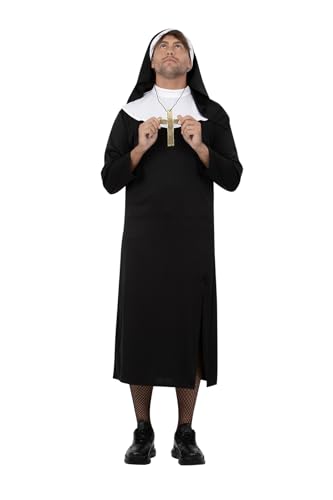 Smiffys Herren Nonne Kostüm - Lustiges religiöses Faschings-Outfit für Erwachsene - Hirsch-Do, Halloween, Lads' Night, Comedy Cross-Dressing - Inklusive schwarzer Robe, Kopfbedeckung & Kreuz Halskette von Smiffys