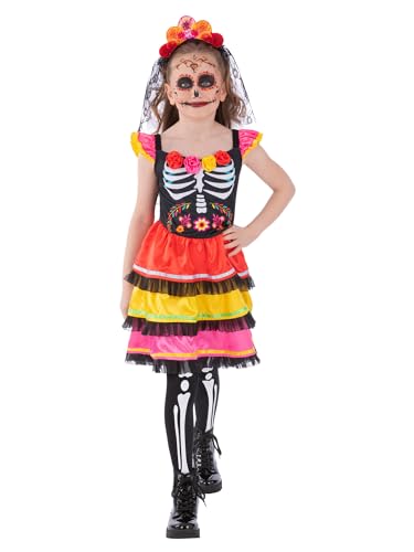 Smiffys Mädchen Tag der Toten Kostüm Buntes Skelett Kleid und Blumen Stirnband Mexikanisch Halloween Verkleidung für Kinder Süßes oder Saures Karneval und Festival Outfits von Smiffys