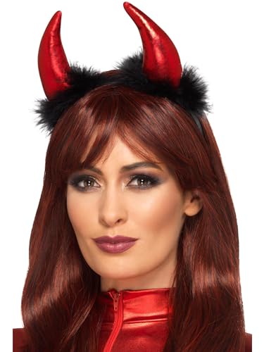 Metallic Devil Horn Headband, Red & Black, with Marabou Feathers von Smiffys