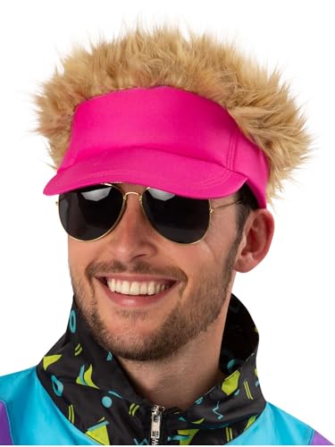 Smiffys Neonrosa Visierhut mit Haaren befestigtes Kostümzubehör für Erwachsene, Retro-Stil der 80er Jahre, Kostüm Kappe mit blonden Stacheln, eingebaut, perfekt für Festivals, Junggesellenabschiede von Smiffys