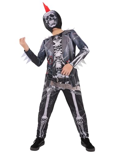 Smiffys Punk-Skelett-Kostüm für Jungen mit Stachel-Totenkopf-Druck, All-in-One und Kapuzenmaske, Halloween-Kostüm, Outfit für Kinder, Alter 7–9 Jahre von Smiffys