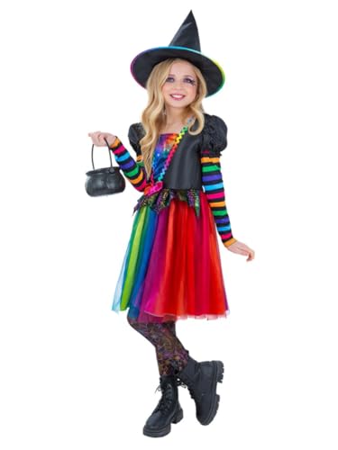 Smiffys Regenbogen-Hexenkostüm mit Kleid, Hut & Strumpfhose, Halloween-Kind-Kostüm, Halloween-Kostüm von Smiffys