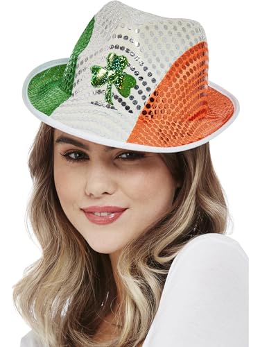 Smiffys St. Patrick's Day Filzhut mit irischer Flagge aus Pailletten, Kleeblatt-Motiv von Smiffys
