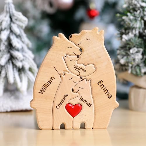 Personalisiertes Holzkunstpuzzle der Bärenfamilie mit 1-8 Namen, Holz Bär Skulpturen Desktop Ornament Weihnachts Home Tischdekoration, Geschenk für Familie, Oma, Opa Mama, Papa von Smile lab
