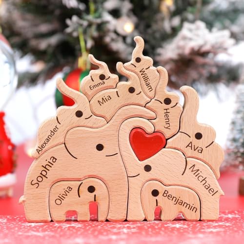 Personalisiertes Holzkunstpuzzle der Elefantenfamilie mit 1-8 Namen, Holz Bär Skulpturen Desktop Ornament Weihnachts Home Tischdekoration, Geschenk für Familie, Oma, Opa Mama, Papa von Smile lab