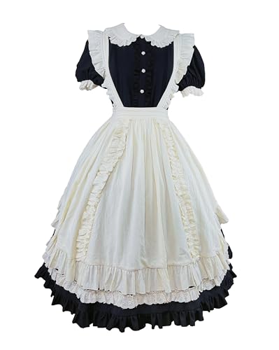 Smiling Angel Viktorianisches Gothic-Lolita-Kleid mit Spitzenbesatz, kurzärmelig, Peter-Pan-Kragen, Vintage-Kostüm mit gerüschter Schürze, Schwarz lang, XXL von Smiling Angel