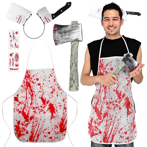 Halloween Kostüm Metzger,Halloween Schlachter Horror Set, Horror-Accessoires mit Blutige Schürze (Axt) von Smlper