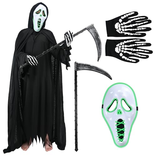 Sensenmann Kostüm, Halloween Kostüm Erwachsene, leuchtendes Maskenset, geeignet für Halloween-Maskenball und andere Rollenspiele, kommt mit Sensenmann-Umhang, Sense und leuchtenden Handschuhen von Smlper