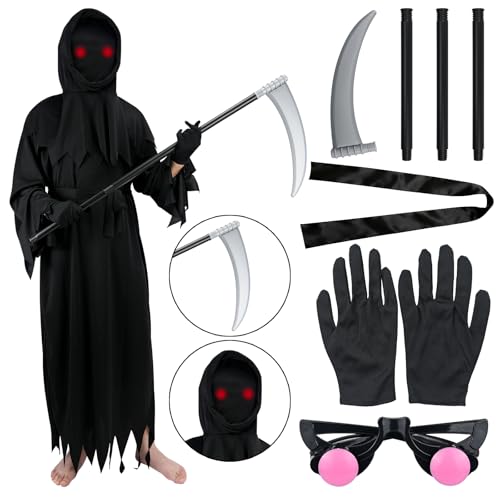 Smlper Sensenmann-Kostüm, Halloween-Kostüm für Kinder, inklusive Sensenmann-Sense, leuchtender Brille und Maske (L:115CM) von Smlper