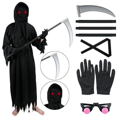 Smlper Sensenmann-Kostüm, Halloween-Kostüm für Kinder, inklusive Sensenmann-Sense, leuchtender Brille und Maske (XL:128CM) von Smlper