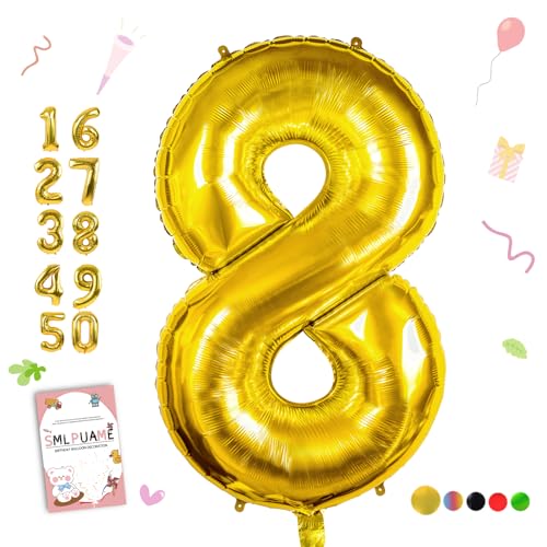 Smlpuame 102cm Folienballon Zahlen Luftballon 0-9 Geburtstag Golden Große 8 Ballons für Geburtstagsfeier Feierdekorationen, Heliumfolien Zahlenballons für Hochzeitstag von Smlpuame
