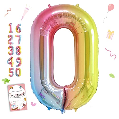 Smlpuame 102cm Folienballon Zahlen Luftballon 0-9 Geburtstag Regenbogen Farbverlauf, Große 0 Ballons für Geburtstagsfeier Feierdekorationen, Heliumfolien Zahlenballons für Hochzeitstag von Smlpuame