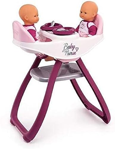 Smoby - Baby Nurse Zwillingspuppen-Hochstuhl – Puppenstuhl für Zwillinge mit Teller und Löffel, Puppen-Zubehör für Puppen bis 42 cm, für Kinder ab 18 Monaten, rosa, lila von Smoby