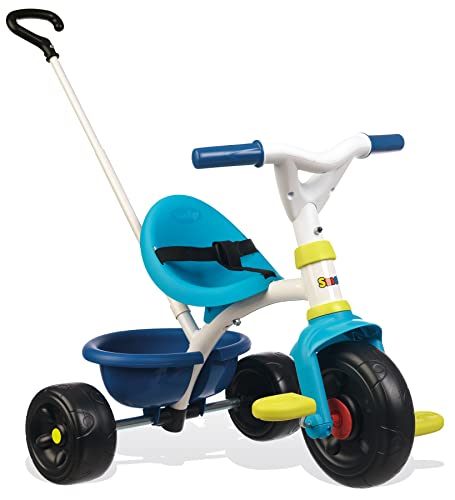 Smoby – Be Fun Dreirad blau – Kinderdreirad mit Schubstange, Sitz mit Sicherheitsgurt, Metallrahmen, Pedal-Freilauf, für Kinder ab 15 Monaten von Smoby