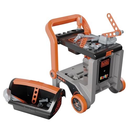 Smoby – Black+Decker Werkbank 3-in-1 - Werkstattwagen, Trolley & Spielwerkbank – 19 Zubehörteile inkl. Werkzeugkiste - aus 70% Recyclingmaterial Kinder ab 3 Jahren von Smoby