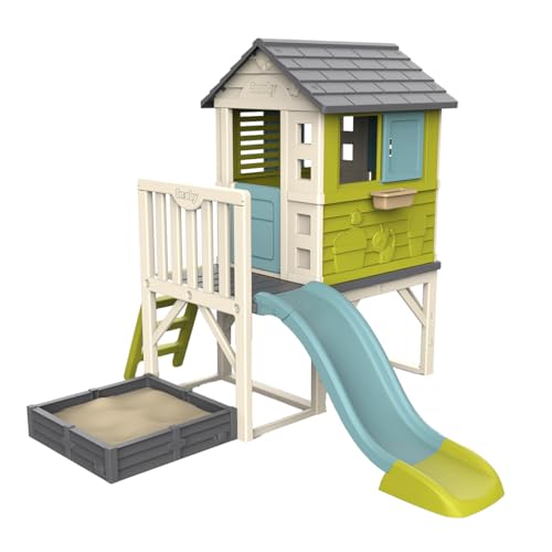 Smoby – Stelzenhaus - Spielhaus mit Rutsche & Sandkasten, mit Fenstern, Tür, Veranda, Leiter, für Jungen und Mädchen ab 2 Jahren von Smoby