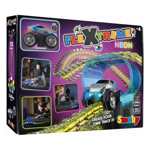Smoby Toys - FleXtreme Neon Kinder-Rennbahn - flexible Autorennbahn ab 4 Jahren mit spektakulären Licht-Effekten - Spielzeug-Set inkl. Auto, 112 Schienen-Teile (für 2,60 Meter) & Tunnel von Smoby