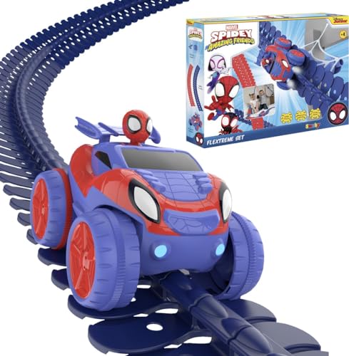 Smoby Toys - Spidey FleXtreme Rennbahn-Set (blau-rot) - flexible Kinder-Rennbahn inkl. 184 Schienenteile (4,40 Meter), Spidey Rennauto & Spinnennetz von Marvel