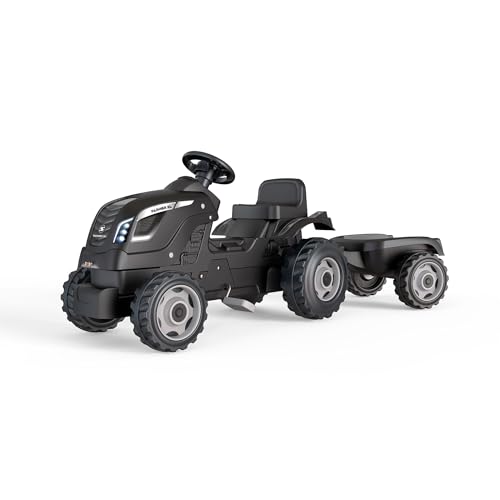 Smoby - Traktor Farmer XL Schwarz + Anhänger - Trettraktor für Kinder - Verstellbarer Sitz - Lenkrad mit Hupe - Motorhaube zum Aufklappen von Smoby