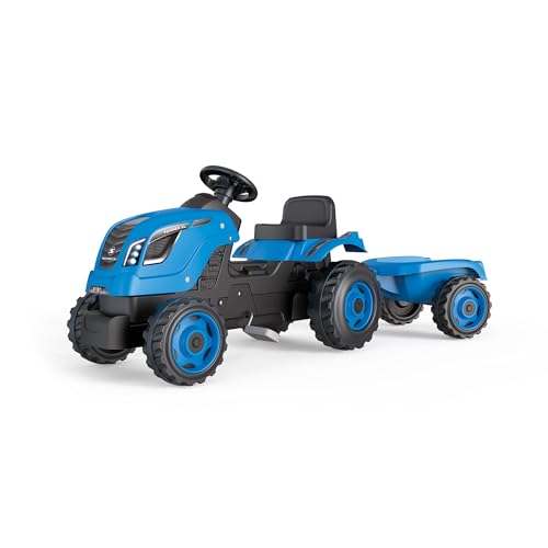 Smoby - Traktor Farmer XL Blau + Anhänger - Trettraktor für Kinder - Verstellbarer Sitz - Lenkrad mit Hupe - Motorhaube zum Aufklappen von Smoby