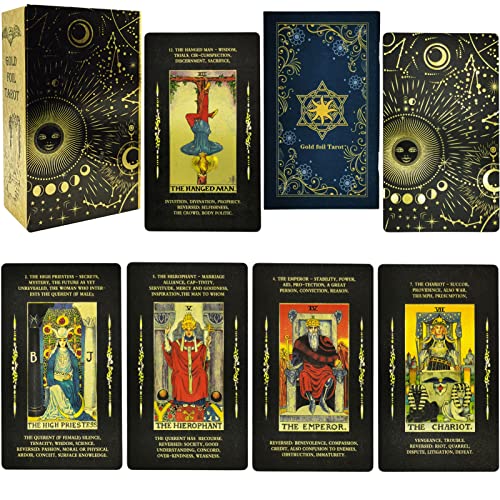 Smoostart PVC-Tarotkarten mit Bedeutungen darauf, wasserdichtes Anti-Falten-Luxus-Goldfolien-Tarot mit Handbuch und exquisiter Box für Anfänger und professionelle Spieler (kosmisch schwarz) von Smoostart