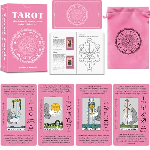 Smoostart Pinke Tarotkarten für Anfänger, Tarotkarten-Deck mit Leitfaden (evtl. nicht in deutscher Sprache), Tarot mit Bedeutungen auf ihnen, wird mit exquisiter Aufbewahrungstasche geliefert von Smoostart