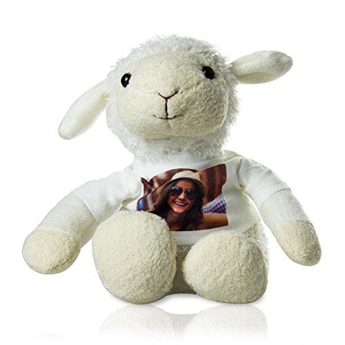 Stofftier Schaf mit persönlichem Foto - Kuscheltier mit eigenem Bild auf einem weißen T-Shirt Bedruckt - weiß, 20 cm von Smyla