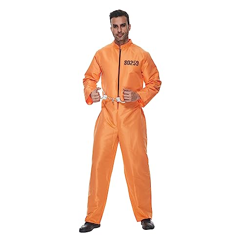Snailify Herren Gefangener Kostüm Halloween Orange Jumpsuit Erwachsener Jailbird Entflohener Insassenanzug von Snailify