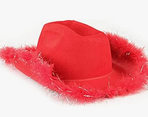 Cowboyhut für Frauen Cowgirl Hut Flauschige Feder Braut Cowboyhut Verkleidung für Junggesellinnenabschied, Halloween, Karneval Kostüm Zubehör (Rot Silber, Einheitsgröße) von Snaked cat