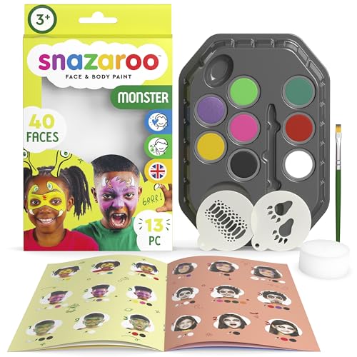 Snazaroo 1172190 Schminkset " Monster ", hautfreundliche Gesichtsschminke auf Wasserbasis - 7 Schminkfarben, 1 Schminkpinsel, 1 Schwamm, 2 Vorlagen und Schritt-für-Schritt-Anleitung von Snazaroo