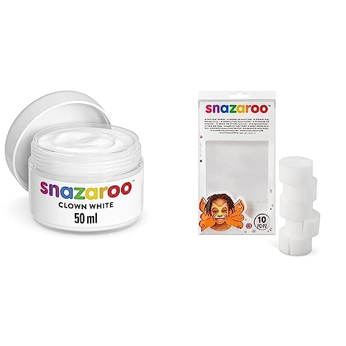 Snazaroo Clownweiß Set, 50ml Topf Clown Weiß Cremeschminke mit besonders hervorragender Deckkraft - ideal für Party, Karneval, Fasching, Theaterschminke, Halloween & Schwammset – 10 halbrunde Schwämme von Snazaroo