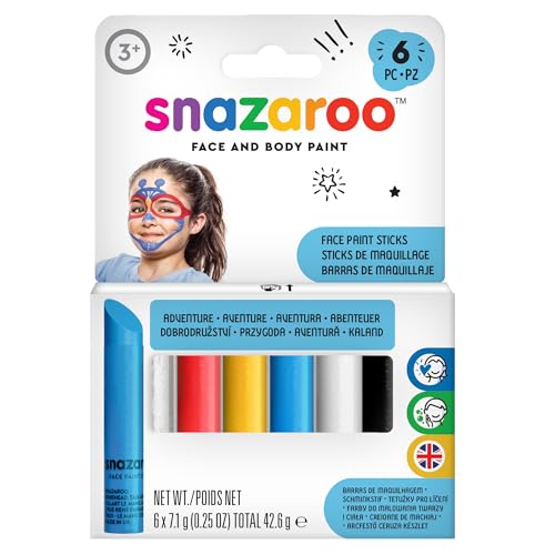 Snazaroo 1160602 Schminkstift Set, 6 Gesichtsfarben frei von Duftstoffen, hautfreundlich und mit Wasser und Seife zu entfernen - Ideal für Partys, Halloween, Fasching, Karnavel - Set Jungen von Snazaroo