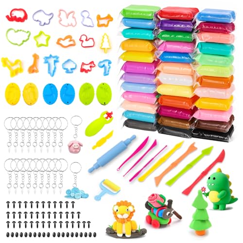SneiDr Knete Zubehör Set 36 Farben Lufttrocknende Modelliermasse Ungiftig Knetwerkzeug Einschließen Formen Dino-Prägern Schlüsselringen Spielzeugaugen und-Nase Kreativspielzeug für Kinder Ab 3 Als von SneiDr