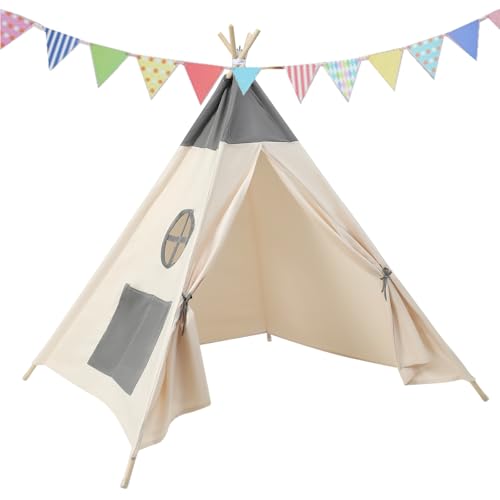 Snewvie Kinder Tipi Zelt,Beige+Grau klassisches indisches Spielzelt für Kinder,faltbares Spielhaus für drinnen oder draußen,Kinderzelte aus Baumwolle für Mädchen und Jungen mit Tragetasche,Polyester von Snewvie