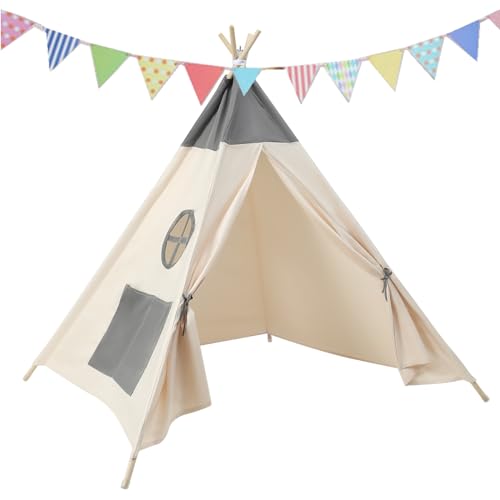 Snewvie Kinder Tipi Zelt,klassisches indisches Spielzelt für Kinder,Beige faltbares Spielhaus für drinnen oder draußen,Kinderzelte aus Polyester für Mädchen und Jungen mit Tragetasche,bunten Flaggen von Snewvie