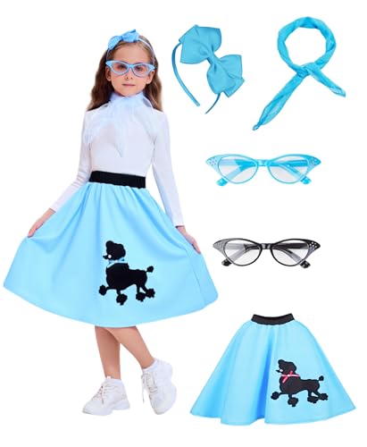 Snirczs Mädchen Pudelrock Kostüm – 1950er Jahre Retro, Rock, Stirnband, Schal, Brille – Halloween, Partys, Retro-Stil (blau) von Snirczs