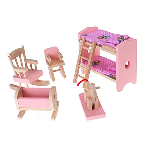 Miniatur Holzmöbel Set Puppenhaus Möbelzubehör, Holzpuppenmöbel einschließlich Etagenbettstuhl Wiege Kind Kinder Geschenk Puppenhaus Mini Möbel Spielzeug von Snner