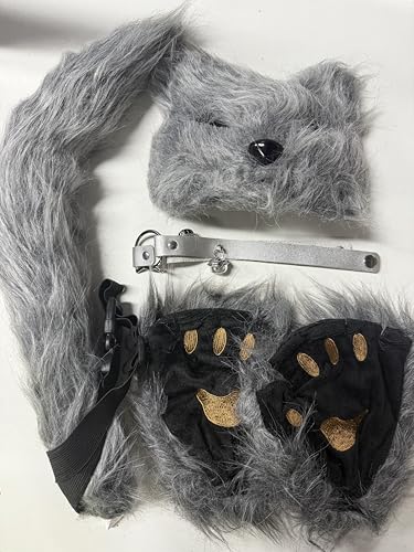 Snorthy Kunstpelz Fuchs Maske Pelzige Katze Fuchs Cosplay Wolf Katze Flauschiger Schwanz Leder Halskette Set Halloween Party Cosplay Kostüm Accessoire Set Fancy Dress Zubehör für Kinder Erwachsene von Snorthy
