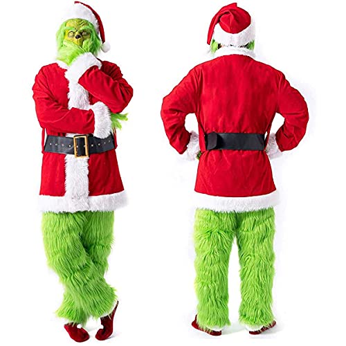 SnowDream Weihnachten Erwachsene Grinch Kostüm Weihnachten Pelz Santa Anzug Cosplay Kostüm Grüne Outfit, Hut Grinch Maske Mantel Taille Gürtelhandschuhe Hosen Schuhabdeckungen, Männer, Kinder,3XL von SnowDream