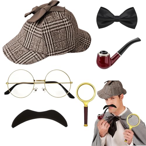 Snowtain 1920er Jahre Detektiv Kostüm，Detektiv Zubehör Für Erwachsene Männer,Mit Braunem Detektiv Hut Lupe Brille Fake Schnurrbart,Detektiv Cosplay Requisiten für Karneval Cosplay Party von Snowtain