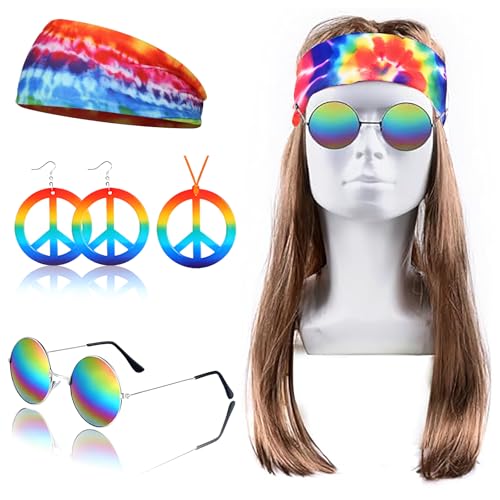 Snowtain 5 Stück Hippie Kostüm Set,Hippie Perücke OhrringSonnenbrille Peace Halskette Anhänger Batik Stirnband Accessories,80er 90er Herren Damen Fasching Kostüm für Karneval Halloween. Snowtain 5 Stück Hippie Kostüm Set,Hippie Perücke OhrringSonnenbrille Peace Halskette Anhänger Batik Stirnband Accessories,80er 90er Herren Damen Fasching Kostüm für Karneval Halloween. von Snowtain