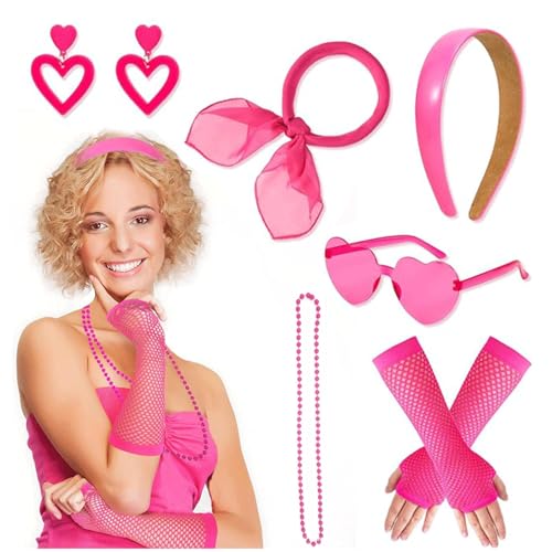 Snowtain 80er 90er Jahre Outfit Damen,Halskette,Stirnband,Rosa Herz Ohrringe,Herz Sonnenbrille,Halstuch Netzhandschuhe,6 TLG Barbie Kostüm Damen für Rave-Partys und Feiertagskarnevale (rosa) von Snowtain