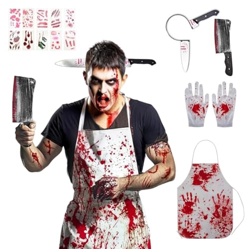 Snowtain Metzger Kostüm Halloween,Halloween Messer im Kopf,Blutige Schürze,mit 10 Tattoo-Aufklebern und einem Paar Handschuhen, geeignet für halloween, Rollenspiele, Dekoration, Partys und Karneval von Snowtain