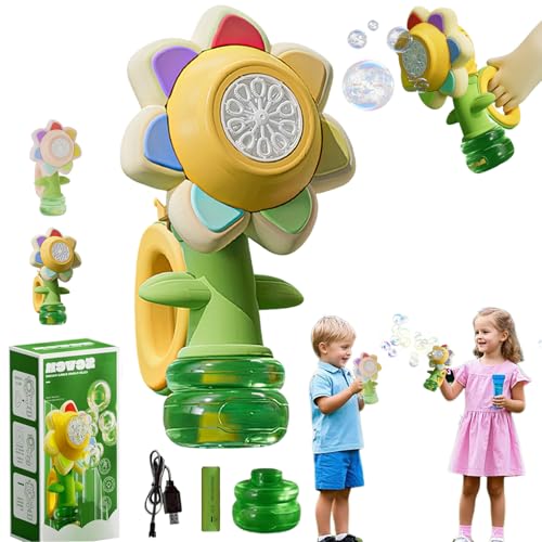 Tanzende Seifenblasen Blume, Seifenblasenmaschine Blume, Wiederaufladbare Seifenblasenmaschine Kinder, mit Led Licht Funktion des KopfschüTtelns (Gelb, A: EIN-Knopf-Start) von Snrtevu