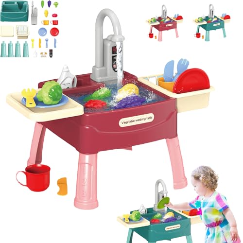WasserWunder - Spielküche mit Magischem Wasserhahn, WasserWunder Spielküche, Spielspüle Kinder mit Farbwechsel Geschirr und Play Food, Küche Rollenspiel für Kinder 3+ (Rot) von Snrtevu