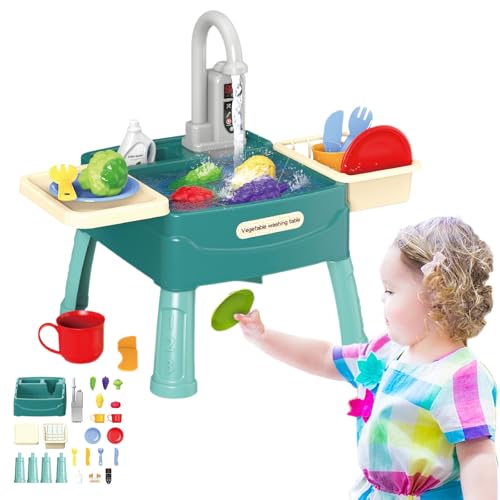 Wasserwunder - Spielküche Mit Magischem Wasserhahn, Kinderwaschbecken Mit Wasserhahn Für Kleine Köche, Kinderspielset Pretend Kitchen Sink Enthaltenem Küchenzubehör (Green) von Snrtevu