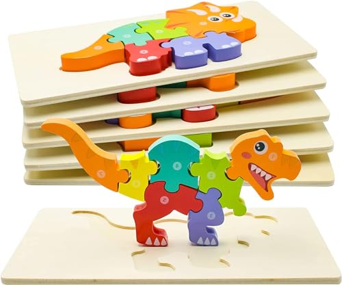 Snxiwth Holzpuzzle für Kleinkinder von 3 Jahren, Montessori Spielzeug für Kinder ab 1-3 Jahren, Hölzerne Dinosaurier Puzzles für Kleinkinder, Geschenk für 2-4 jährige Jungen und Mädchen - 6er-Pack von Snxiwth