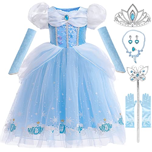 Snyemio Aschenputtel Kleid für Mädchen Prinzessin Cinderella Kostüm Kinder Fasching Verkleidung mit Zubehör Karneval Halloween, Blau, 104-110(Etikett 100) von Snyemio