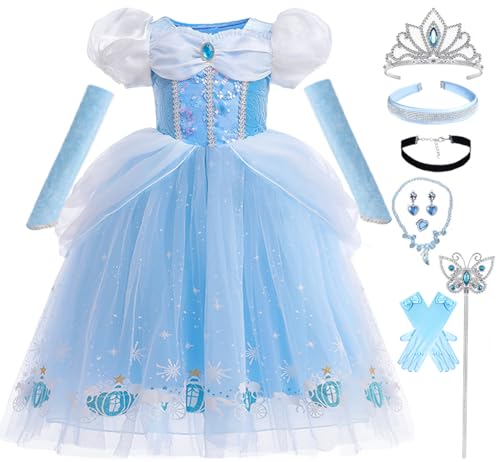 Snyemio Aschenputtel Kleid für Mädchen Prinzessin Cinderella Kostüm Kinder Fasching Verkleidung mit Zubehör Karneval Halloween, Blau mit Haarband, 104-110(Etikett 100) von Snyemio