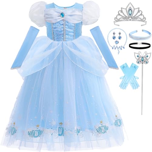 Snyemio Aschenputtel Kleid für Mädchen Prinzessin Cinderella Kostüm Kinder Fasching Verkleidung mit Zubehör Karneval Halloween, Blau mit Haarband, 104-110(Etikett 100) von Snyemio